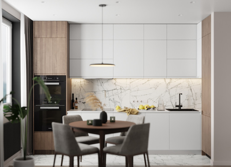 Thiết kế hiện đại với tông màu trắng và vân gỗ nhạt